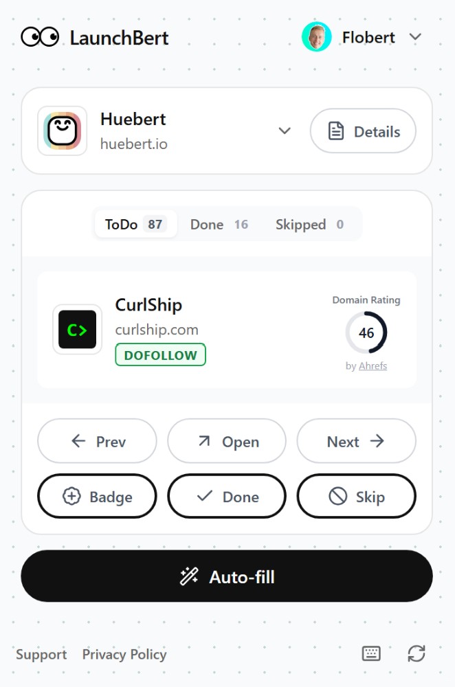 LaunchBert Chrome extension showing directory list and autofill
